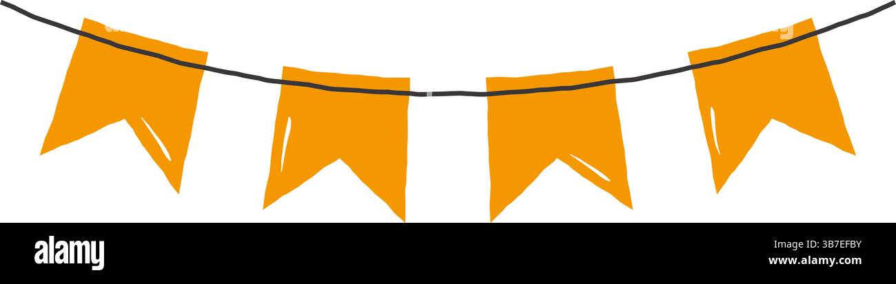 Semplice illustrazione disegnata a mano di bandiere arancioni appese su una corda, che simboleggiano festeggiamenti, decorazioni, feste o eventi festivi. Illustrazione Vettoriale