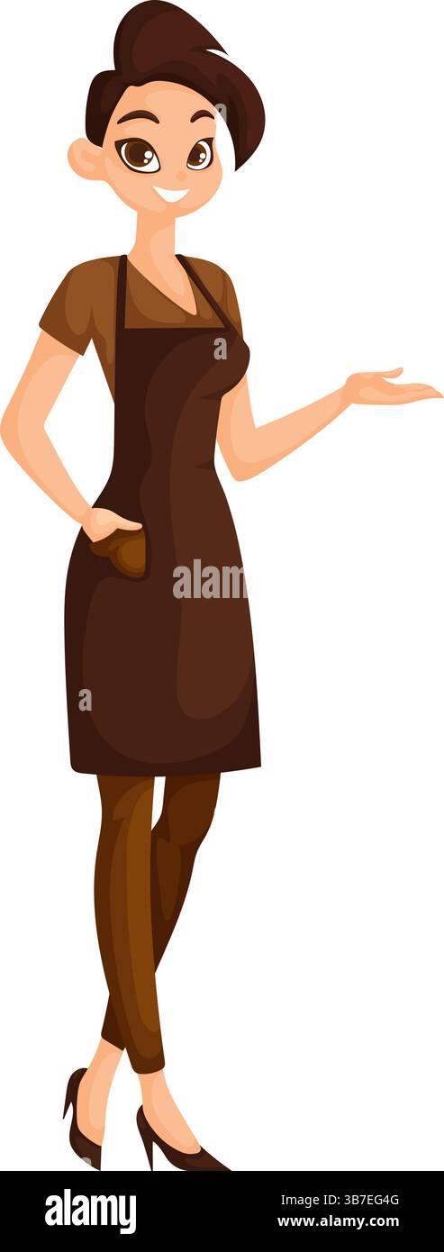Illustrazione vettoriale di una barista sorridente che indossa un grembiule marrone e un abbigliamento elegante, con un gesto accogliente della mano. Illustrazione Vettoriale