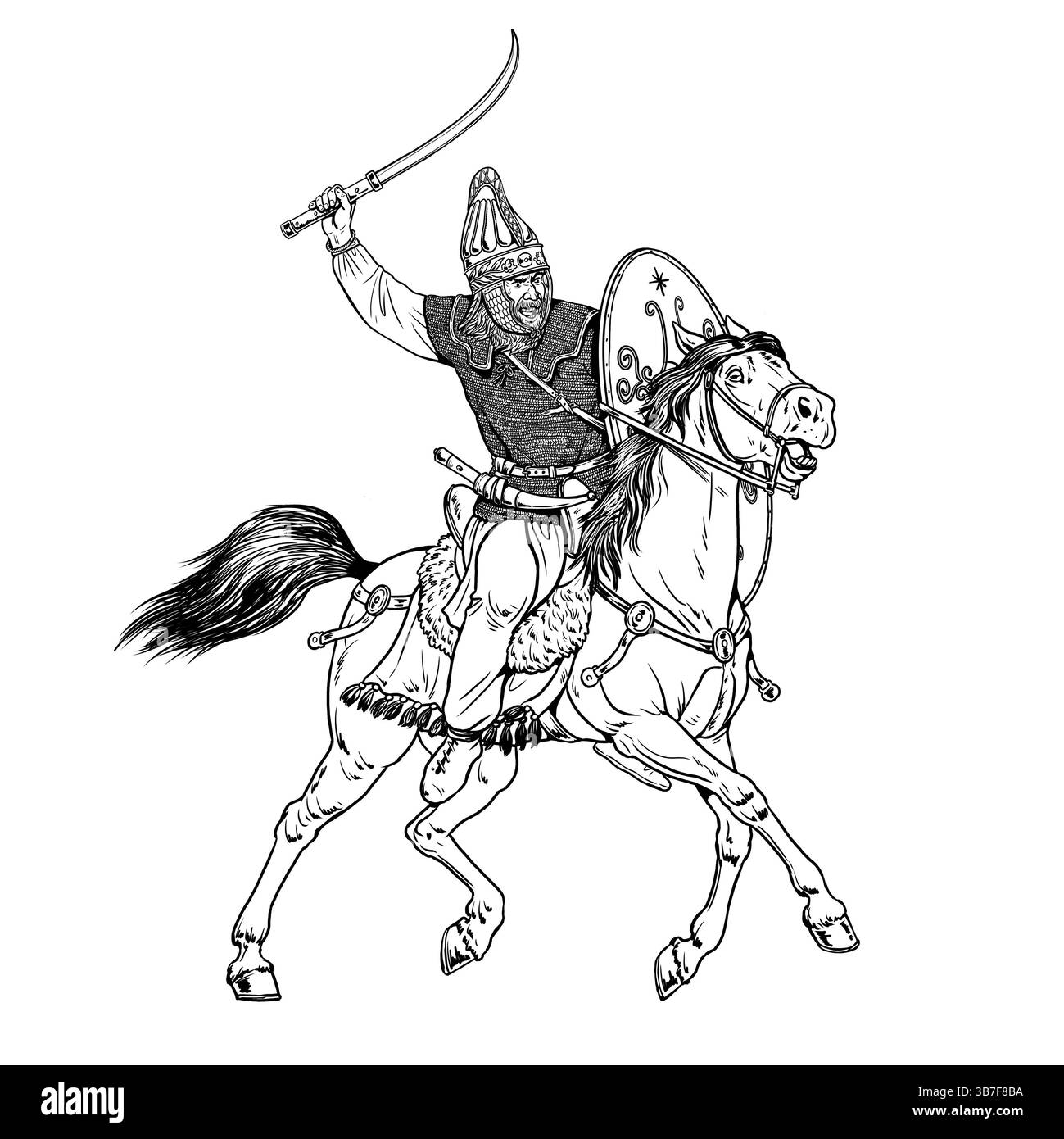 La cavalleria dacica. Antico cavaliere guerriero dacico. Disegno storico. Foto Stock