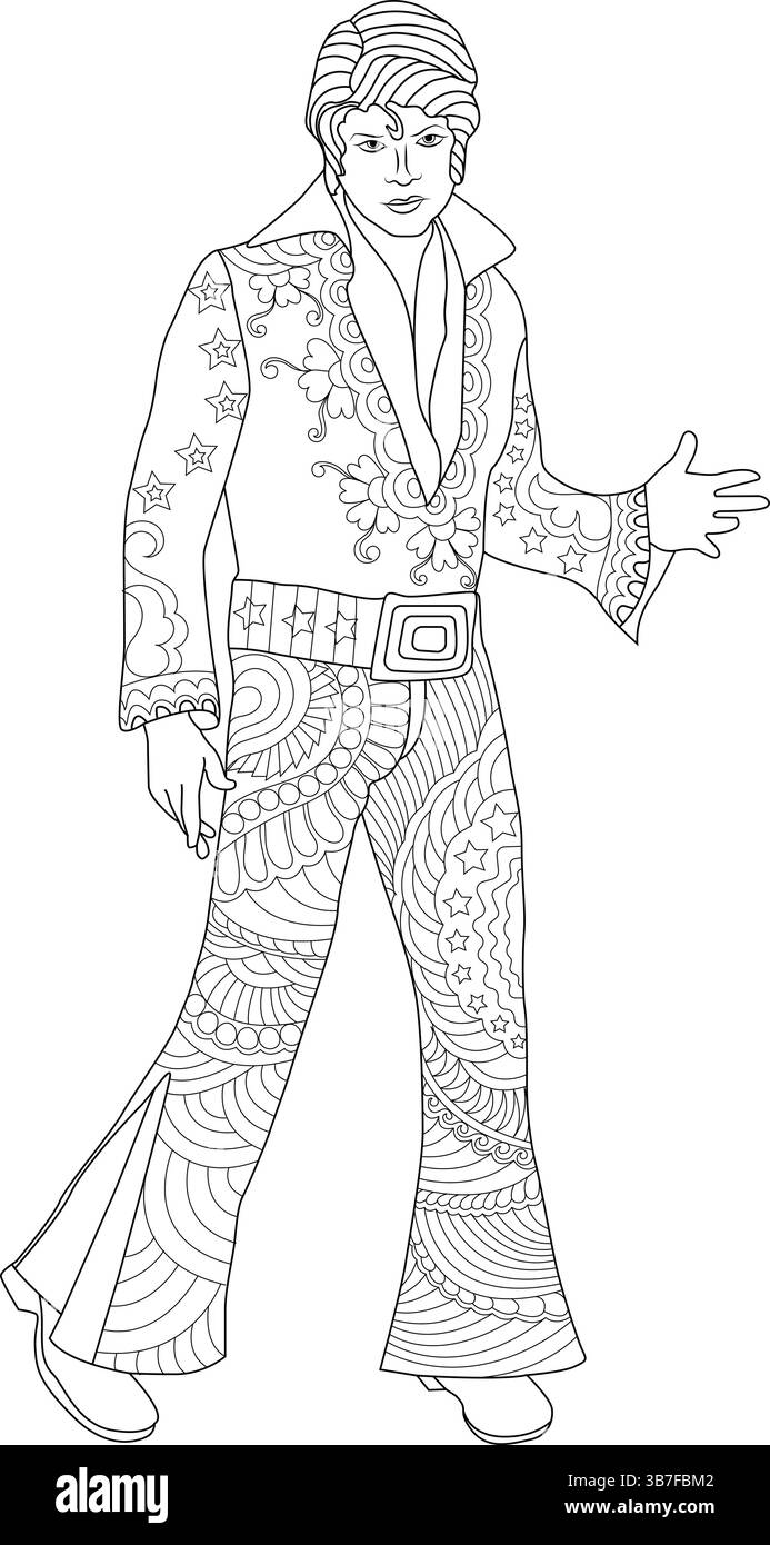 Illustrazione in bianco e nero con un interprete maschile in stile vintage in una tuta altamente decorata con fondali e stelle, che colpisce un Illustrazione Vettoriale