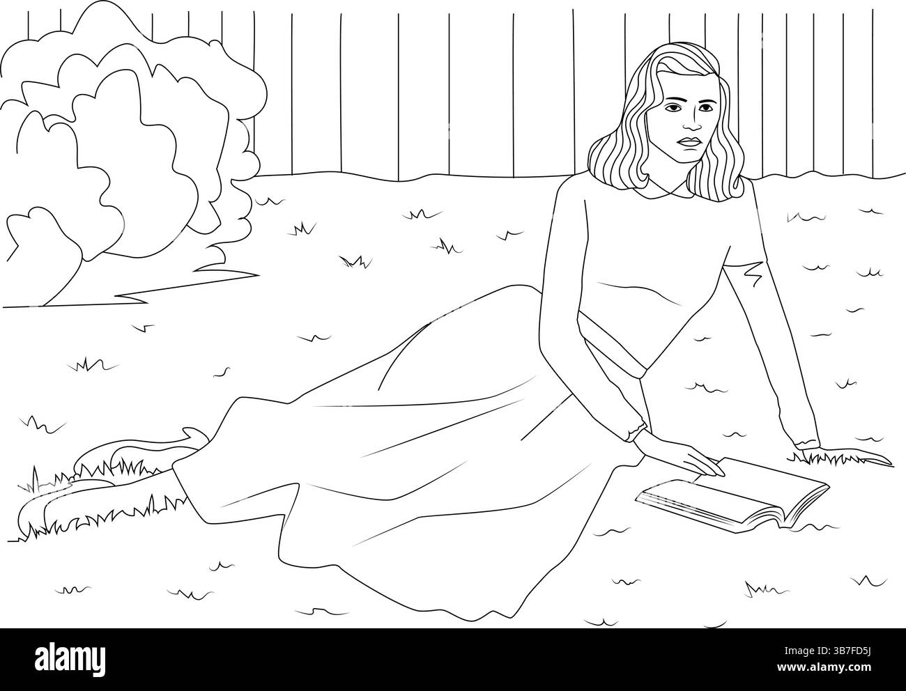 Linea bianca e nera che disegna l'illustrazione di una donna con un abito lungo, che ricorda la moda degli anni '1950, seduta sull'erba all'aperto e a leggere un libro. Illustrazione Vettoriale