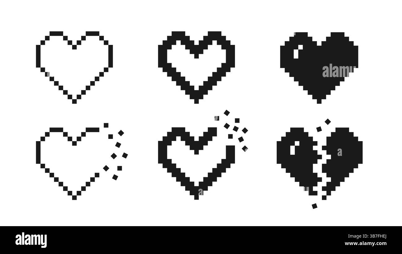 Set di cuori pixel neri in stile 8 bit. Perfetto per giochi retrò o romantici design digitali. Illustrazione vettoriale Illustrazione Vettoriale