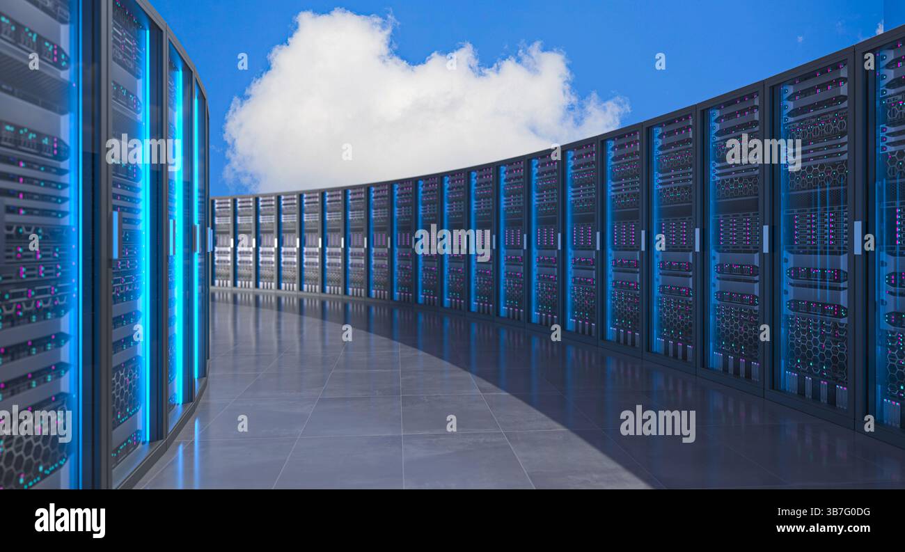 Moderna sala server che fornisce servizi di cloud computing con luci blu 3d. Foto Stock