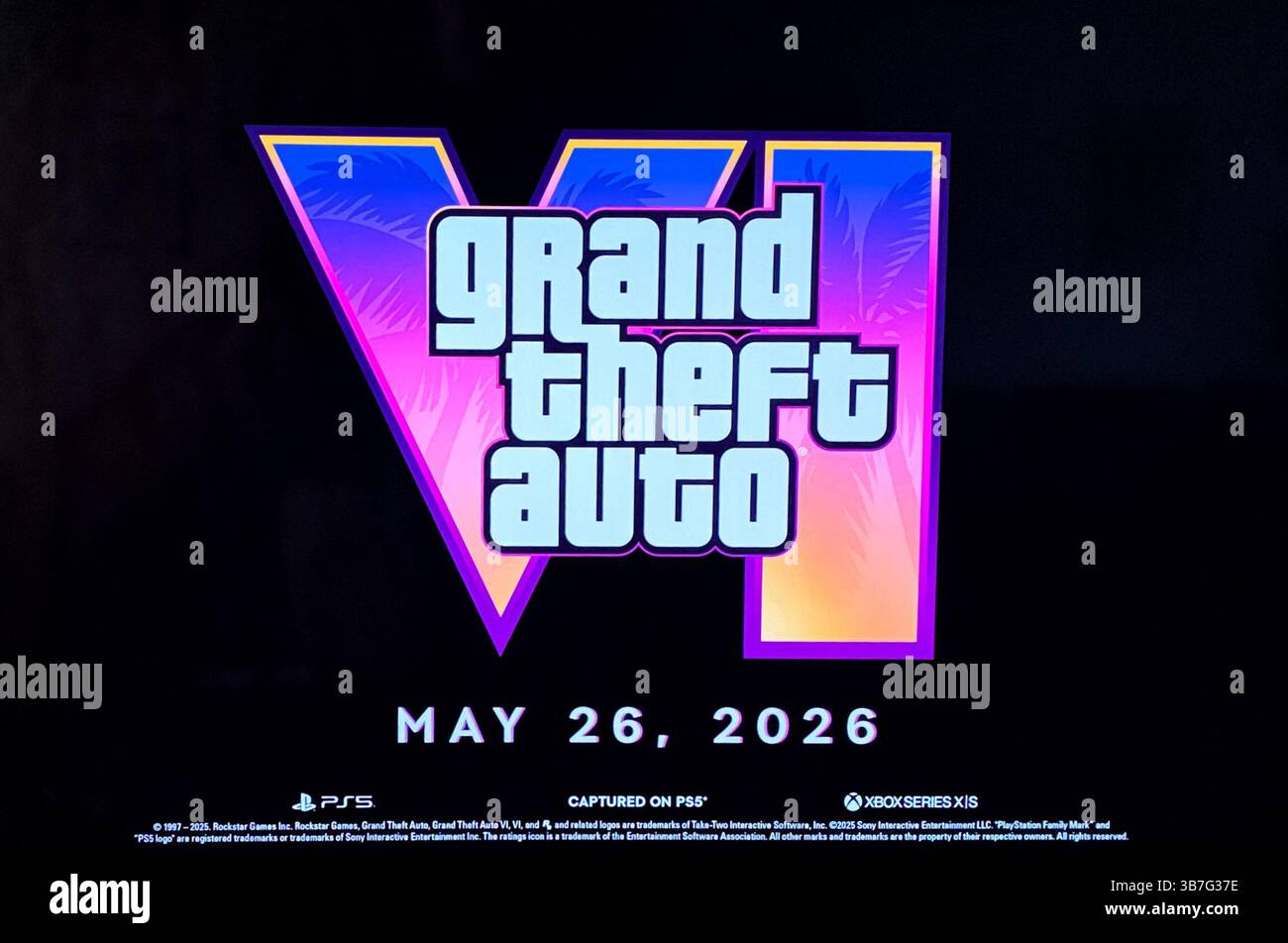 6 maggio 2025. Rockstar Games lancia oggi il secondo trailer per GTA6. Grand Theft Auto vi nella foto: Schermata con logo. Crediti: Nidpor/Alamy Live News Foto Stock