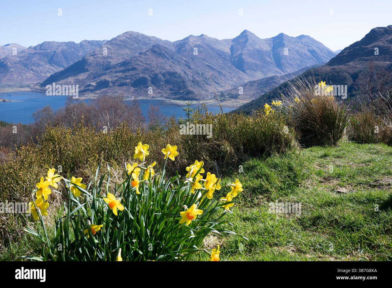 La vecchia strada militare da Sheil Bridge a Glenelg, nelle Highlands scozzesi, conduce al Mam Ratagan Pass con viste mozzafiato sul Loch Duich Foto Stock
