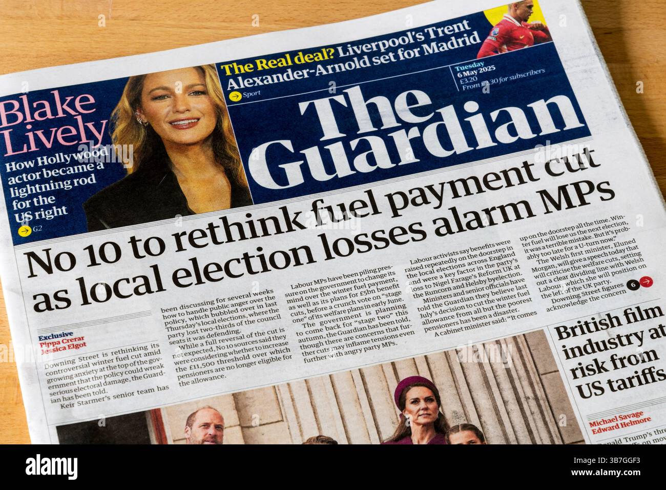6 maggio 2025. Il titolo della prima pagina del Guardian è il numero 10 per ripensare il taglio dei pagamenti di carburante mentre le perdite elettorali locali allarmano i parlamentari. Foto Stock