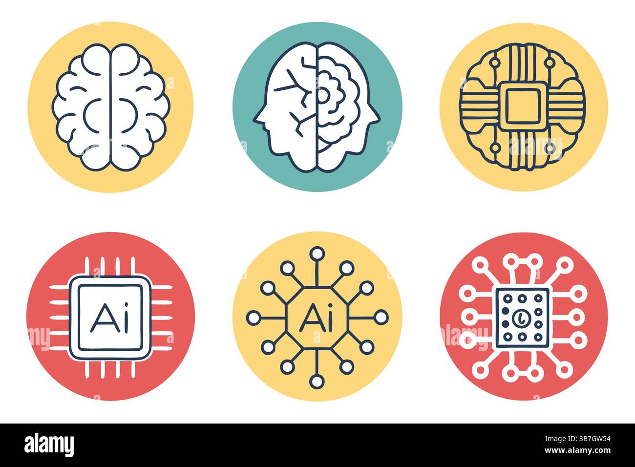 L'immagine mostra sei icone rotonde, ognuna delle quali presenta concetti relativi all'intelligenza artificiale e al cervello umano, tra cui un cervello autonomo e. Illustrazione Vettoriale