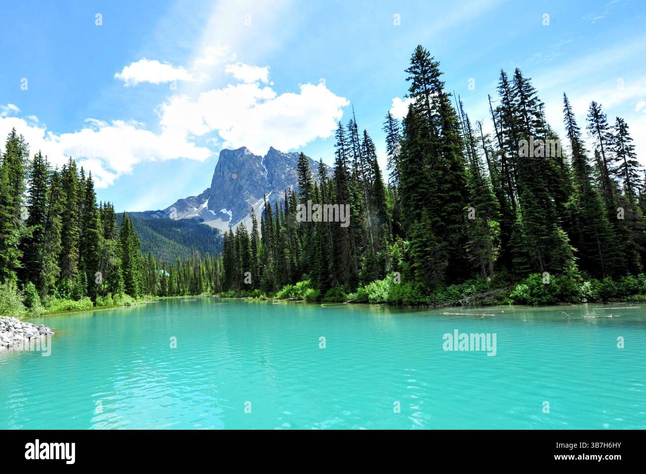 Splendida vista di un lago alpino turchese circondato da foresta sempreverde e aspre vette montane sotto un cielo estivo blu brillante in Canada. Foto Stock
