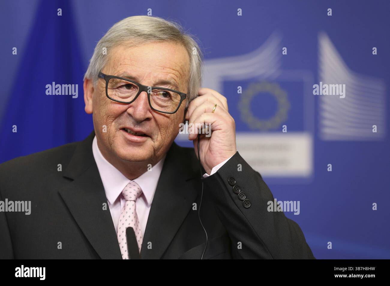 Bruxelles, Belgio - 30 Gennaio 2017: il Presidente della Commissione Europea Jean Claude Juncker parla ai media dopo un incontro con il presidente bulgaro a livello di Unione europea egli Foto Stock