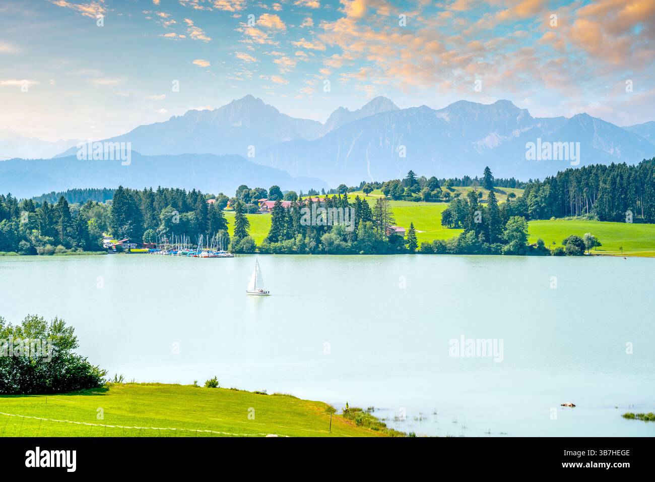 Fuessen, Forggensee, Lago, Baviera, Germania Foto Stock