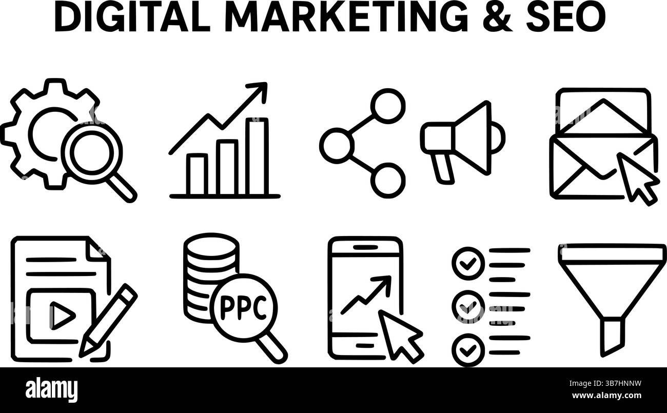 Set di icone per il marketing digitale e la linea SEO: Strategia, PPC, e-mail, social media, analisi Illustrazione Vettoriale