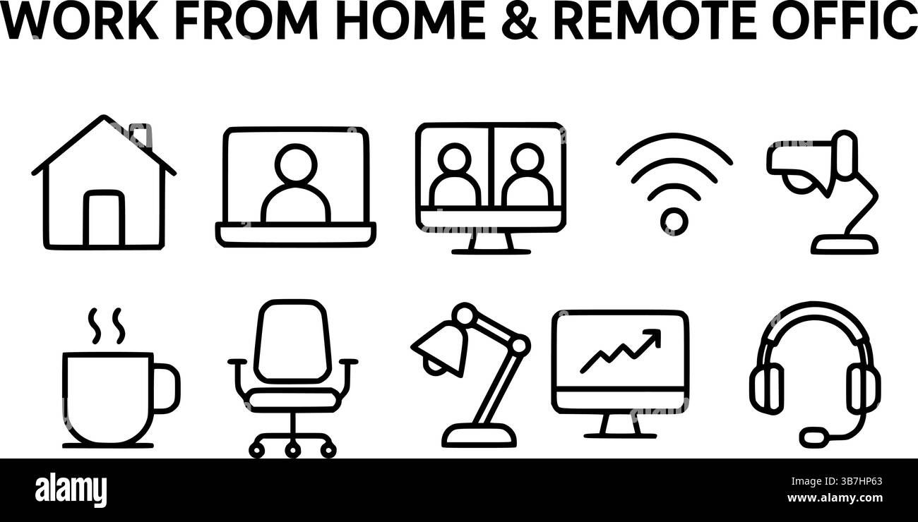 Set di icone contorno nero lavoro da casa e ufficio remoto Illustrazione Vettoriale