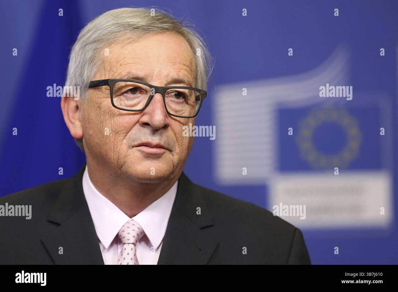 Bruxelles, Belgio - 30 Gennaio 2017: il Presidente della Commissione Europea Jean Claude Juncker parla ai media dopo un incontro con il presidente bulgaro a livello di Unione europea egli Foto Stock