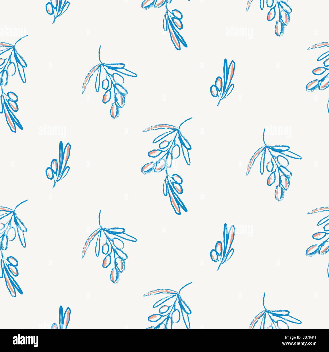 Rami di oliva disegnati a mano con motivo senza cuciture per la stampa tessile. Sfondo di piante estive italiane audace design rustico con pennello astratto. Foto Stock