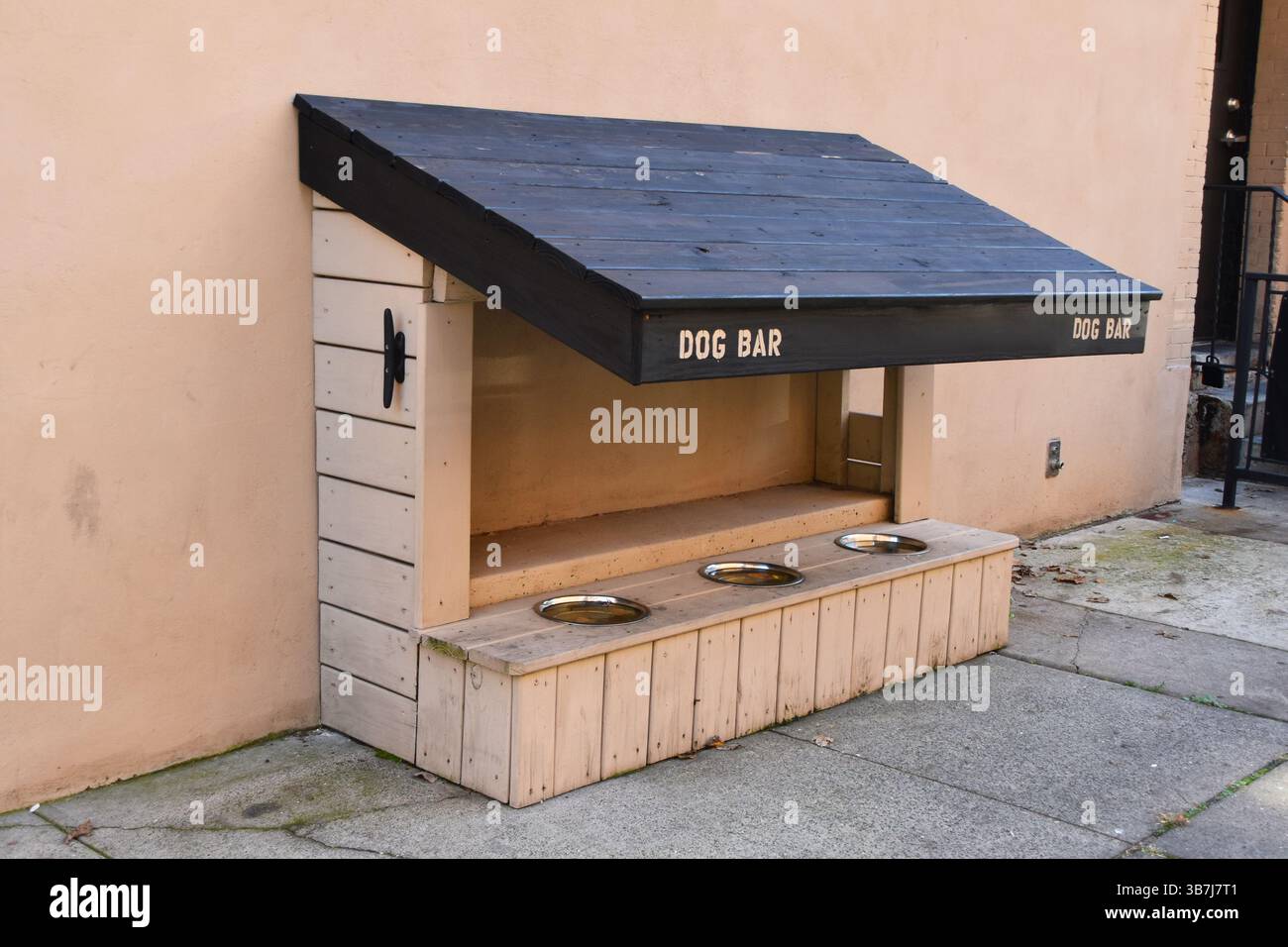 Bar per cani, cuccia con ciotole per cani, ristorante in cui sono ammessi gli animali domestici Foto Stock