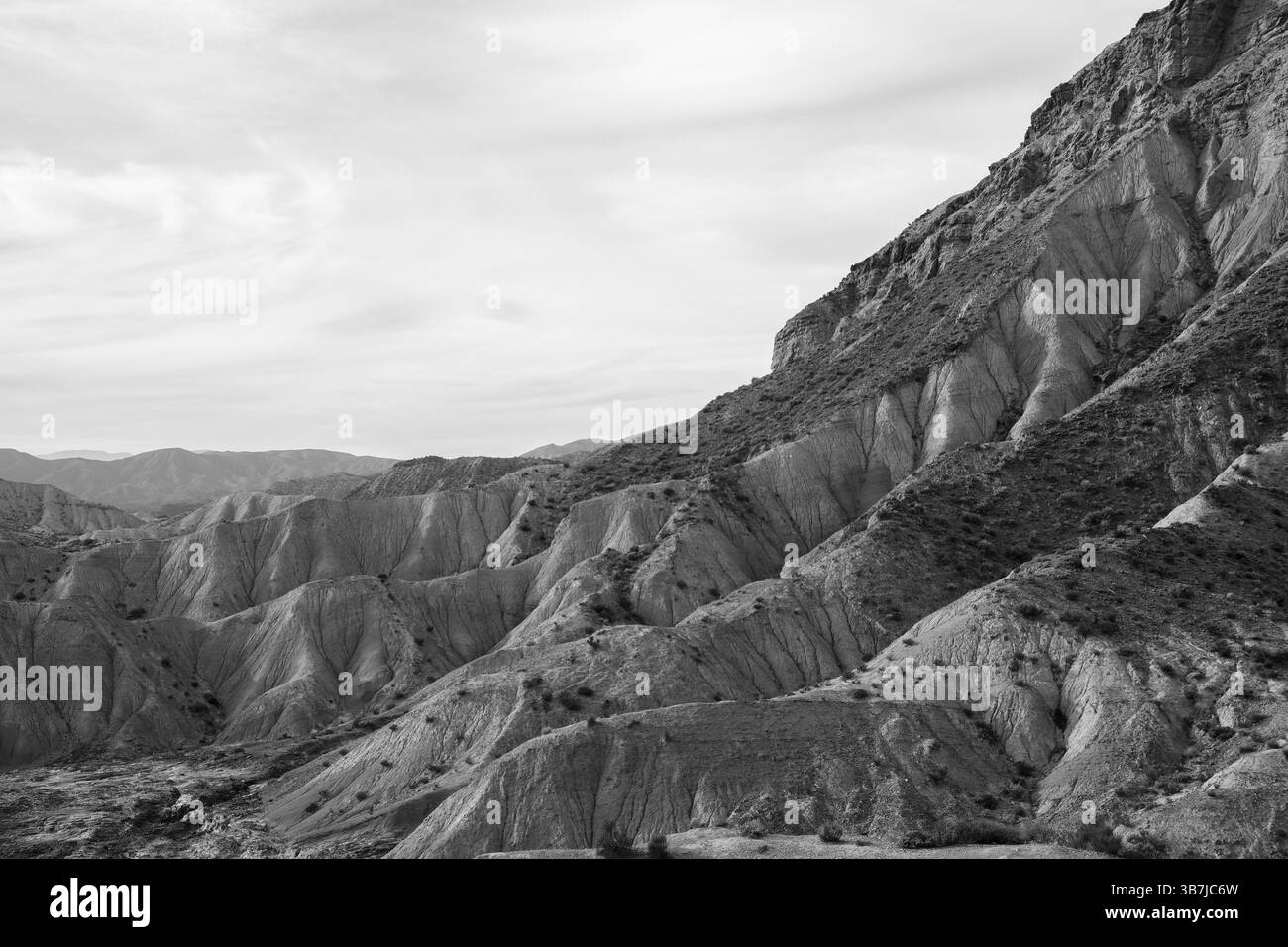 Paesaggio desertico, deserto di Tabernas, l'unico deserto in Europa, bianco e nero, provincia di Almeria, Andalusia, Spagna, Europa Foto Stock