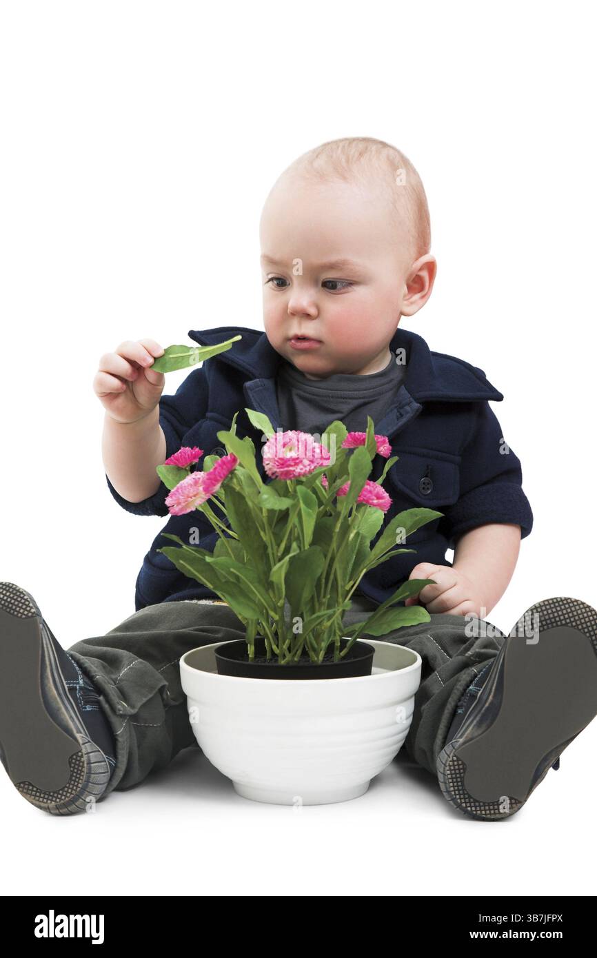 Ragazzo divertente con la pianta della casa Foto Stock