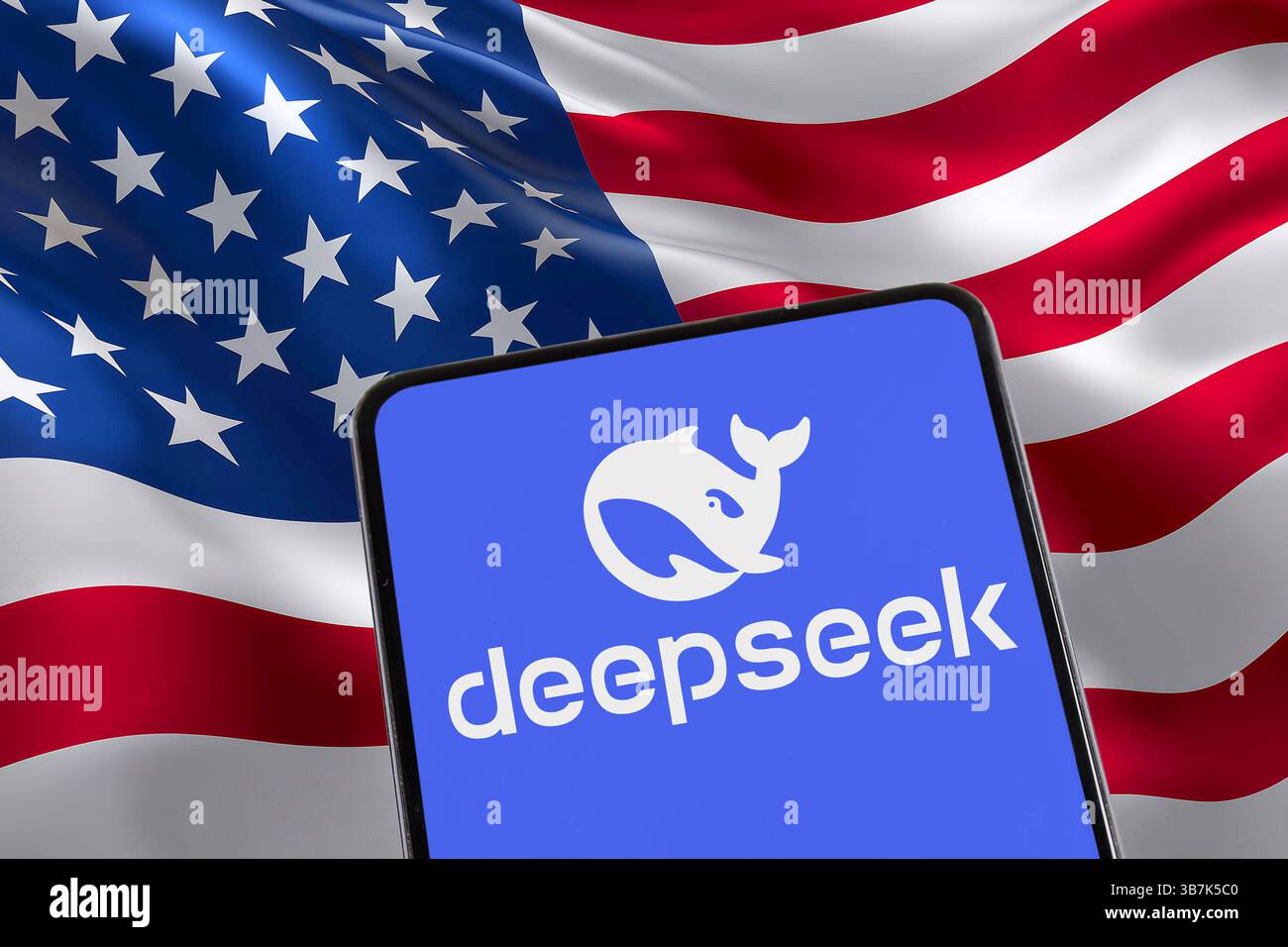 Stoccarda, Germania - 8 febbraio 2025: Deepseek Artificial Intelligence ai dalla Cina con la bandiera americana americana su un telefono cellulare A. Foto Stock