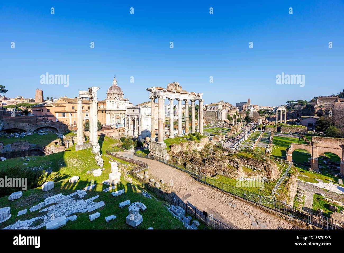 Roma Forum Romanum, antica città, rovine storiche di templi in Italia Foto Stock