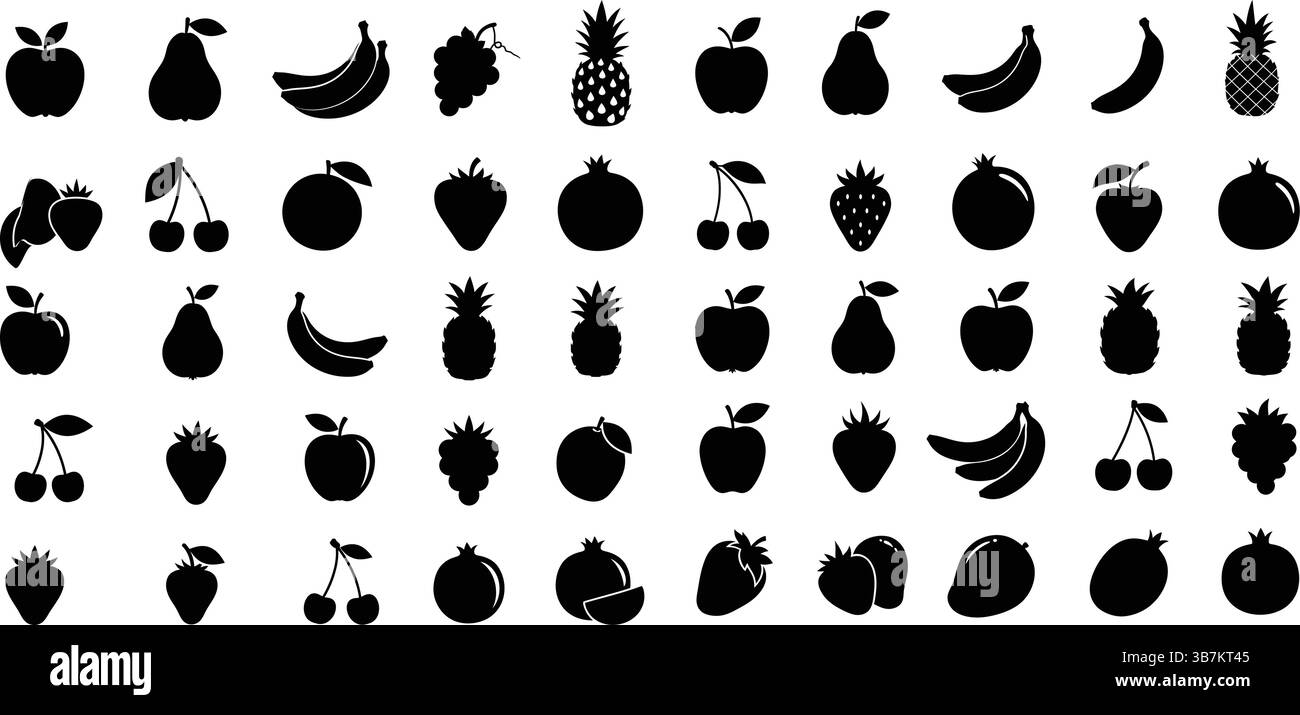 Set vettoriale con motivo Fruit silhouette nero Illustrazione Vettoriale