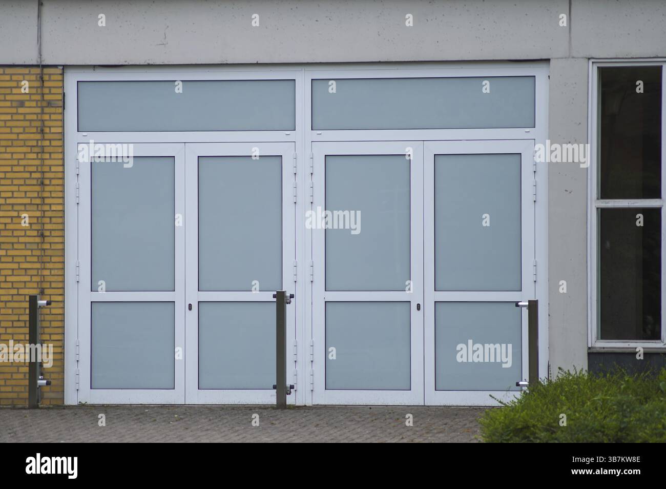 Doppie porte in vetro smerigliato bianco di un moderno ingresso di un edificio con pareti in cemento Foto Stock