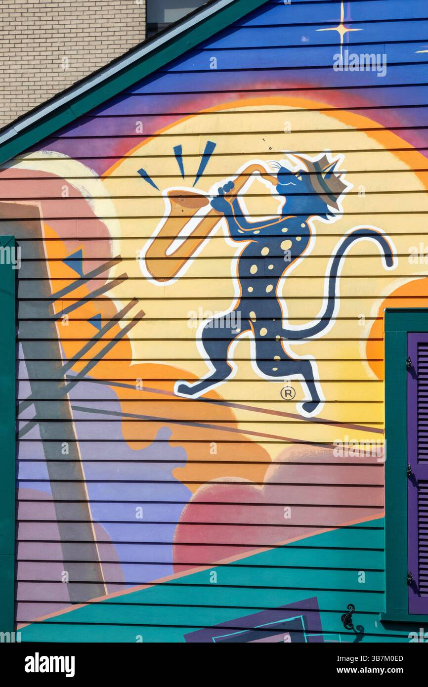 New Orleans, Louisiana - Spotted Cat Music Club. L'arte e l'architettura di New Orleans presentano spesso colori brillanti. Foto Stock