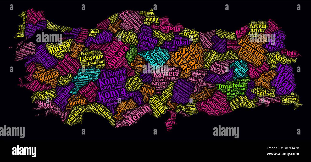 Word Cloud in Turchia. Nomi delle regioni del paese in lingua turca. Design luminoso in stile neon su sfondo scuro. Illustrazione Vettoriale