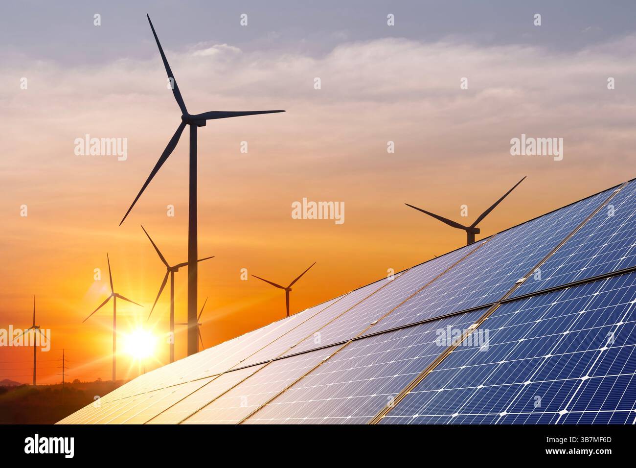 2 aprile 2023: Turbina eolica con pannelli solari e tramonto. concetto di energia pulita. Fornitura di energia, turbina eolica, turbina eolica, distribuzione di energia, centrale elettrica, trasmissione di energia, alimentazione ad alta tensione (immagine di credito: © Bombermoon/la Nacion tramite ZUMA Press) Foto Stock