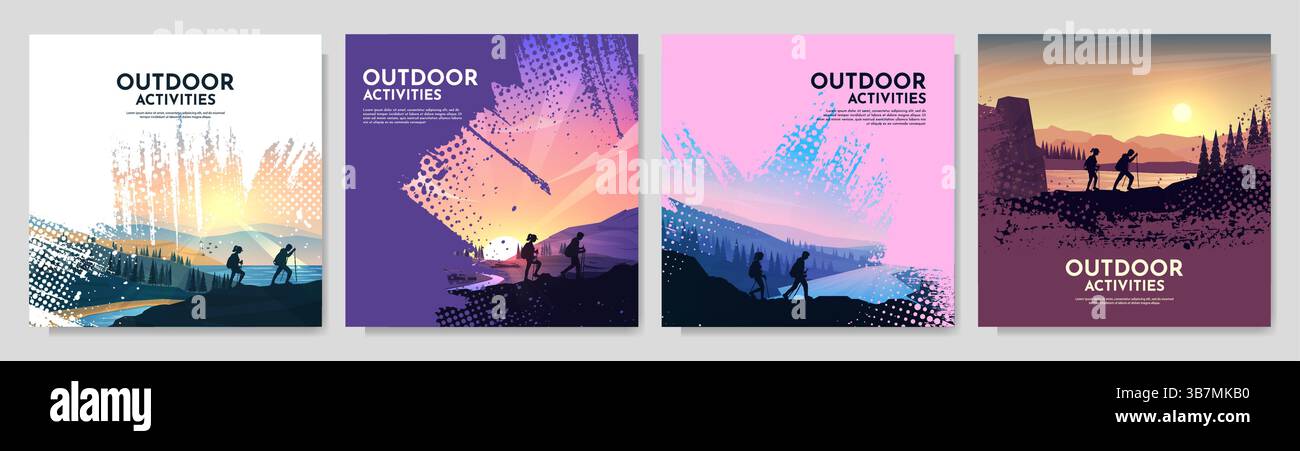 Illustrazione vettoriale. Concetto di viaggio per scoprire, esplorare e osservare la natura. Sfondo per escursioni di coppia. Arrampicata e turismo d'avventura Illustrazione Vettoriale