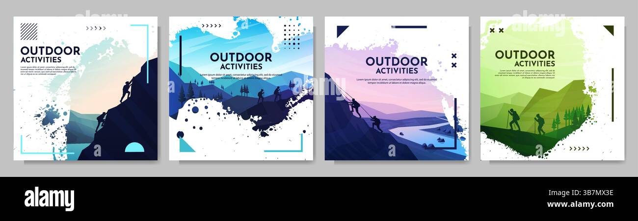 Illustrazione vettoriale. Concetto di viaggio per scoprire, esplorare e osservare la natura. Escursioni. Sfondo turistico avventura con pennello striscio Illustrazione Vettoriale