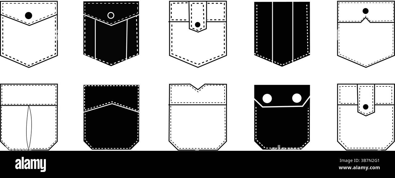 Set di schizzi piatti dei design delle tasche delle camicie - stili di disegno e riempimento della linea vettoriale Illustrazione Vettoriale