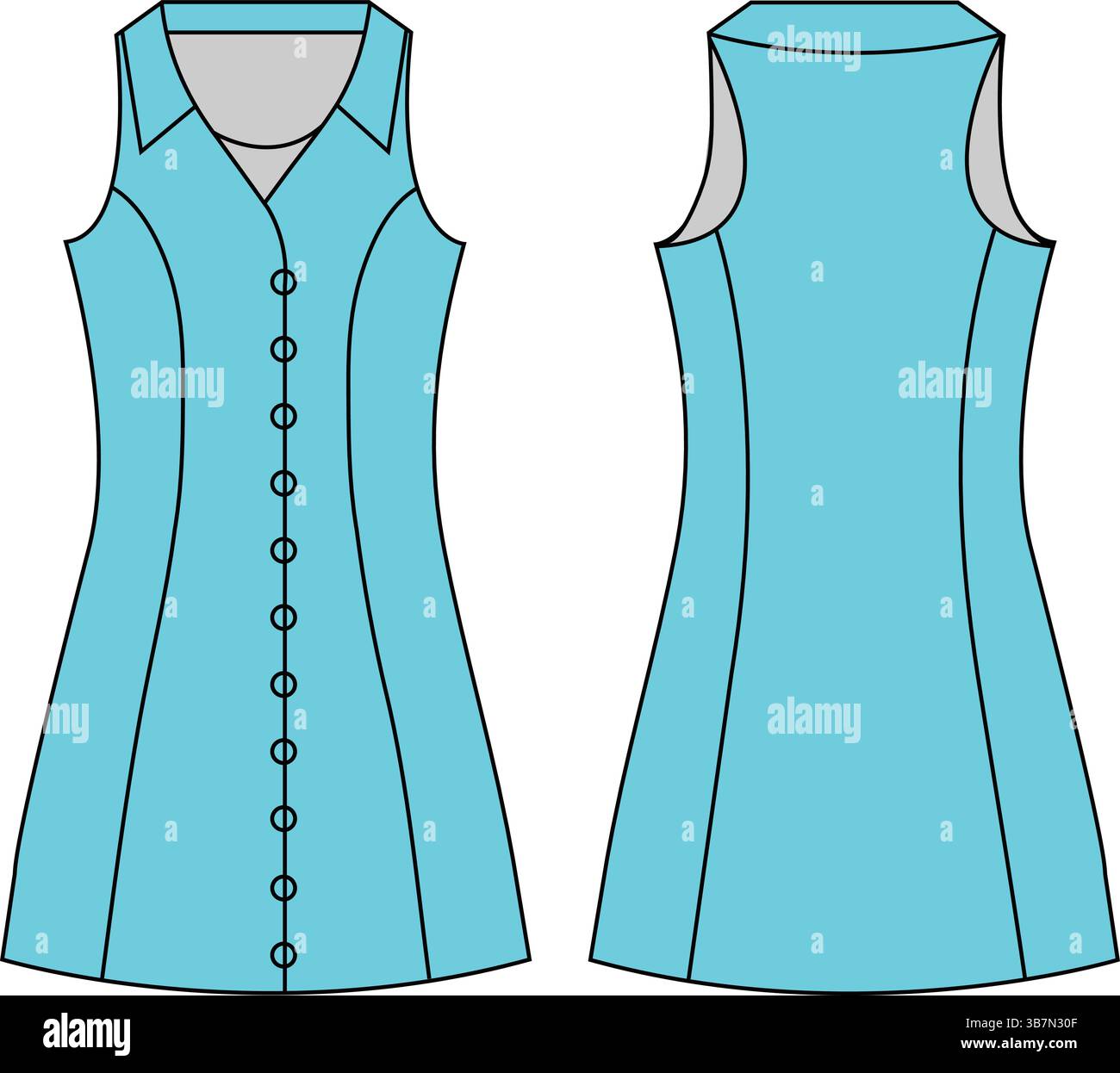Schizzo di abito senza maniche button-up in stile piatto - Vista frontale e posteriore Illustrazione Vettoriale