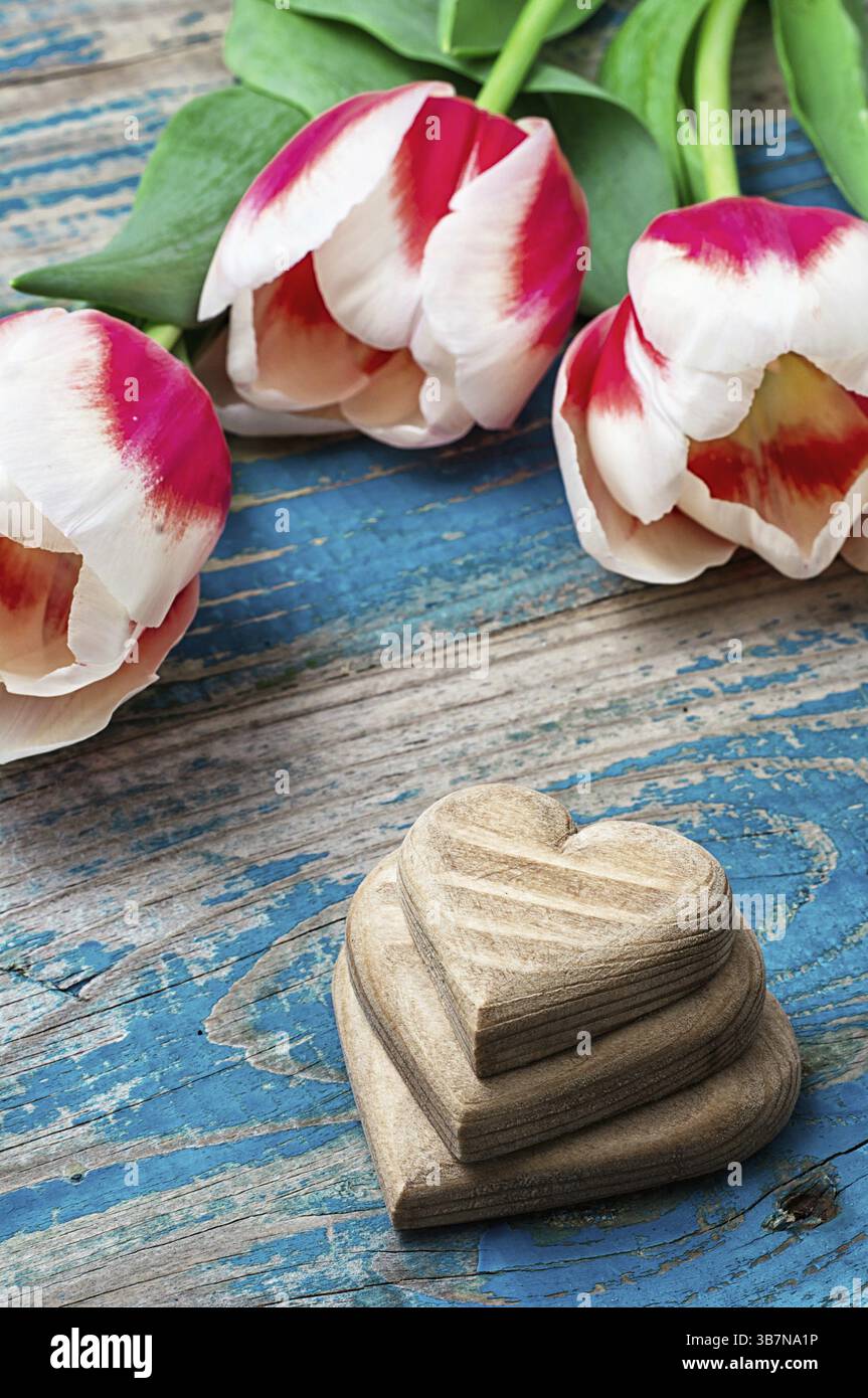 Cuore simbolico in legno intagliato a mano su uno sfondo di tulipani bianchi rossi Foto Stock