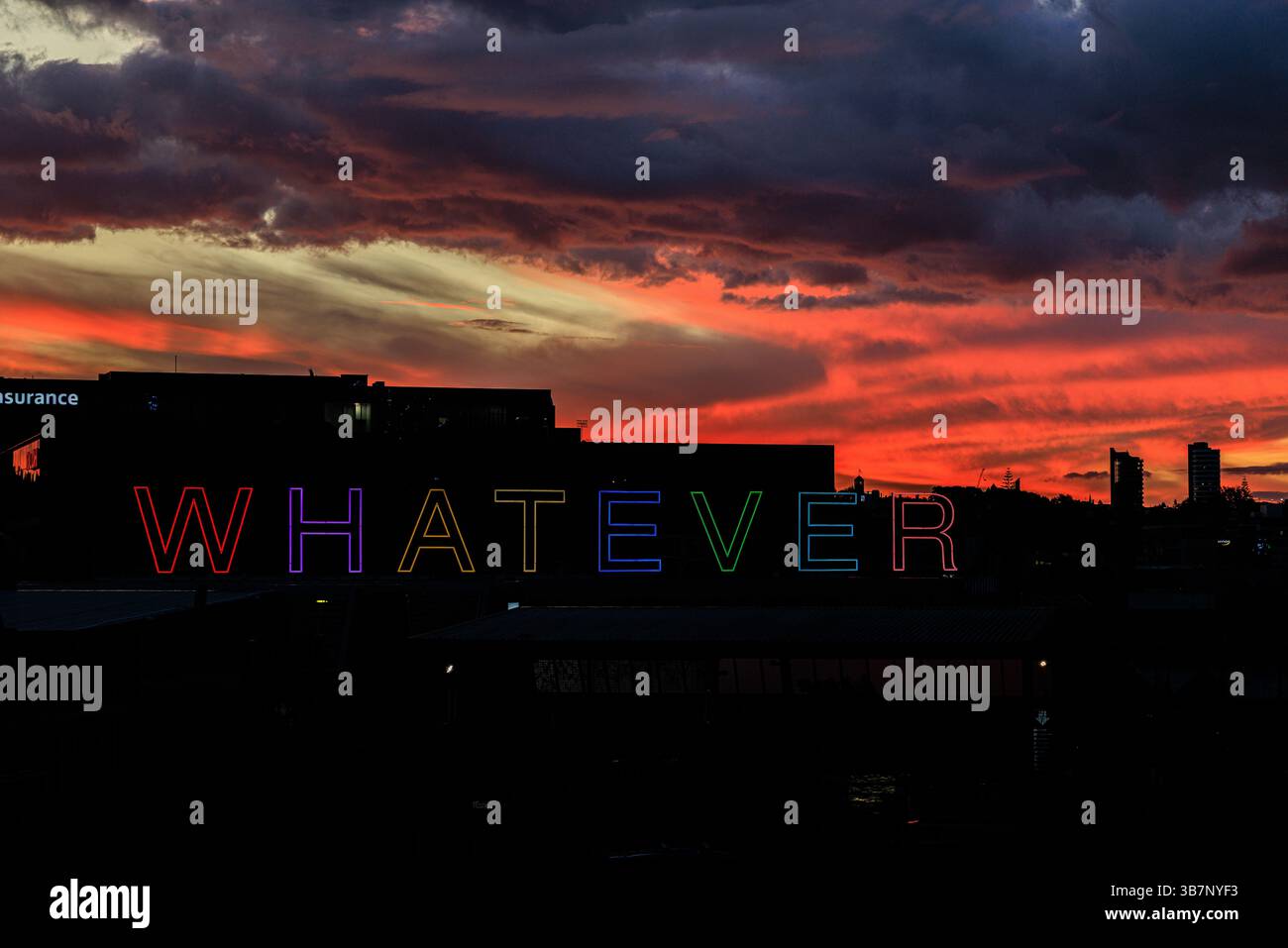 le lettere colorate del neon, qualsiasi segno, risaltano sullo skyline nero di auckland sotto le nuvole rosse del tramonto Foto Stock