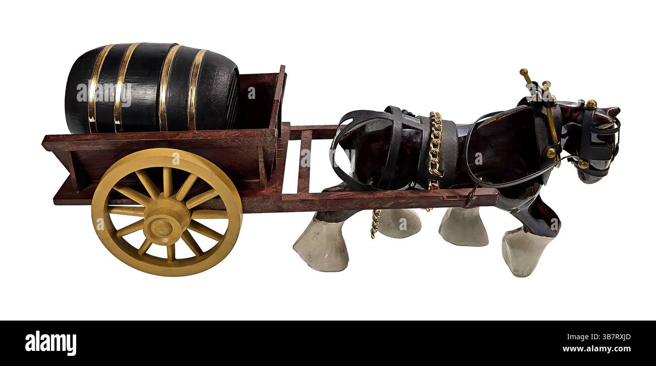 Botte di legno per riporre vari alcolici in carretto trainato da cavallo Foto Stock