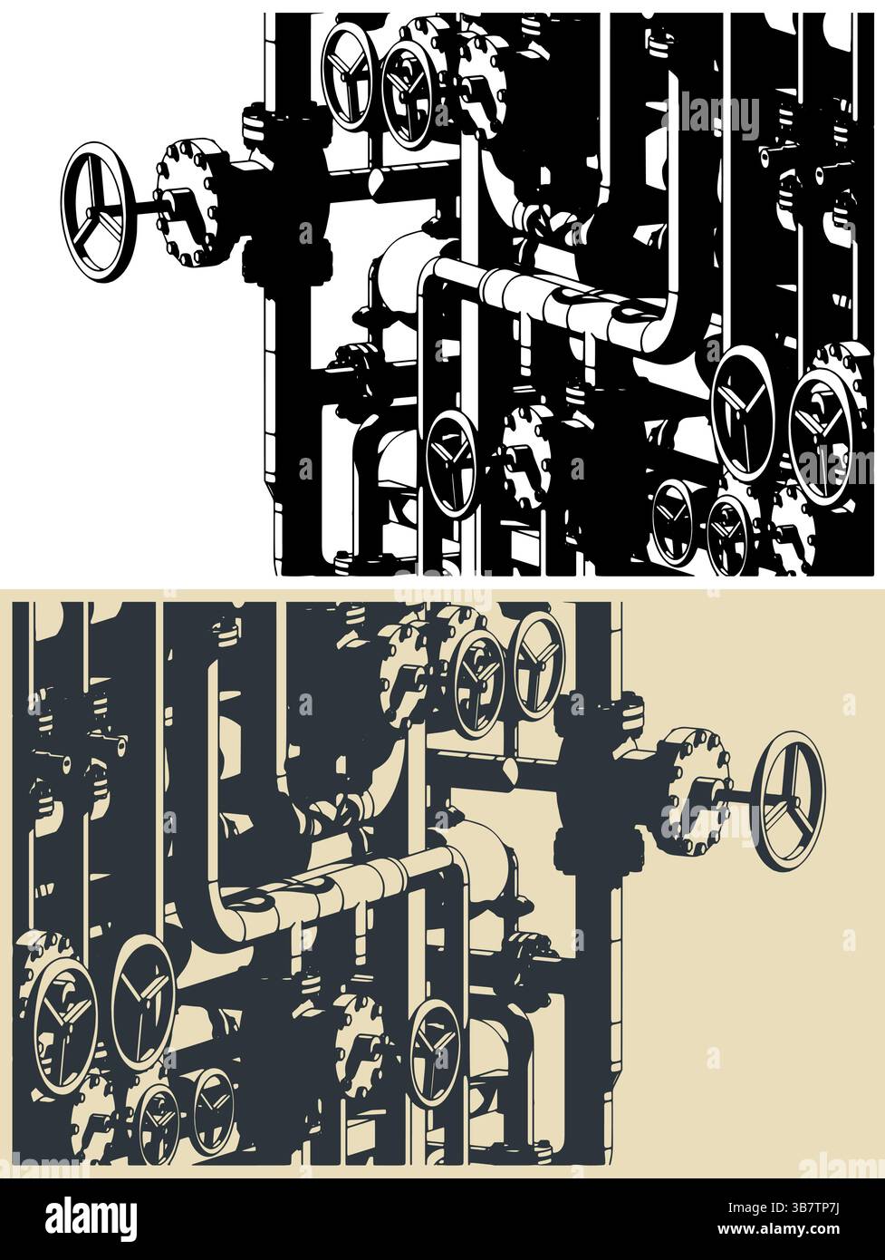 Illustrazione vettoriale stilizzata di valvole e tubi industriali in primo piano Illustrazione Vettoriale