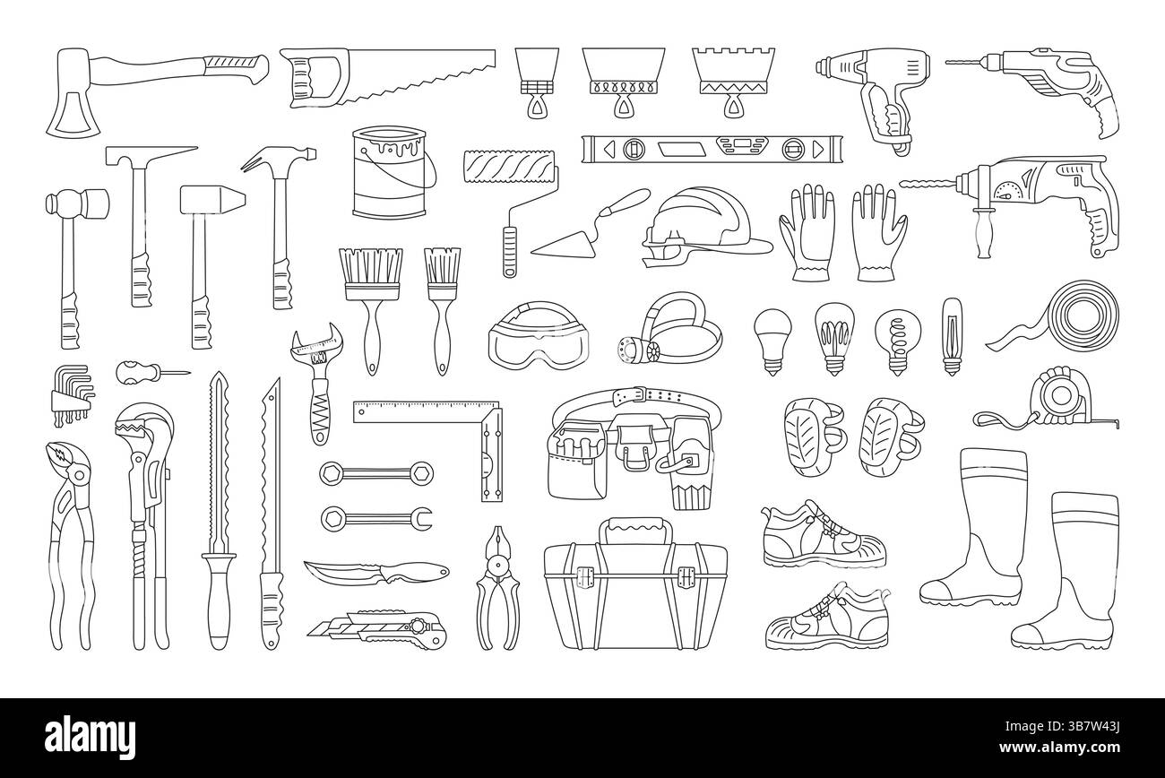 Utensili da costruzione attrezzature da costruzione set di scarabocchi per cartoni animati. Hardware per lavori di riparazione collezione per l'industria edile. Attrezzi per riparazioni domestiche kit cassetta attrezzi idraulico meccanico lineare vettore isolato piatto Illustrazione Vettoriale