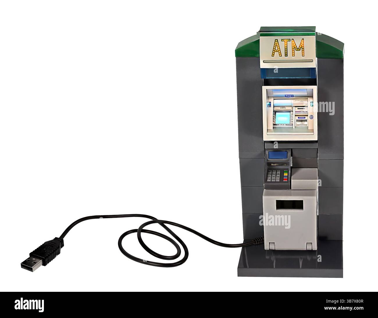 Il bancomat è un distributore automatico per l'erogazione di denaro tramite USB per mostrare le operazioni bancarie online Foto Stock