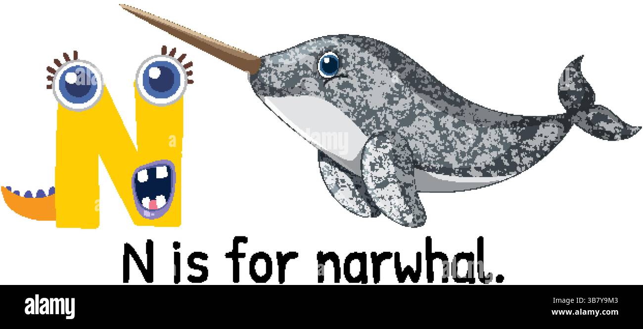 Divertente illustrazione vettoriale della lettera N con narwhal. I colori brillanti e lo stile dei cartoni animati migliorano l'apprendimento e il coinvolgimento Illustrazione Vettoriale