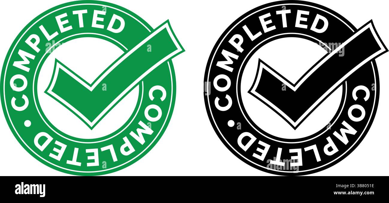 icone del timbro completato in verde e nero con un grande segno di spunta al centro, simbolo rotondo dell'etichetta utilizzato per attività, approvazioni o completamento del progetto Illustrazione Vettoriale
