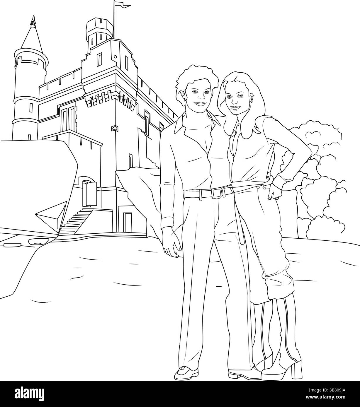 Disegni in linea in bianco e nero di una coppia alla moda degli anni '1970 in piedi di fronte a un grande castello. Quell'uomo indossa una camicia con un'ampia co Illustrazione Vettoriale