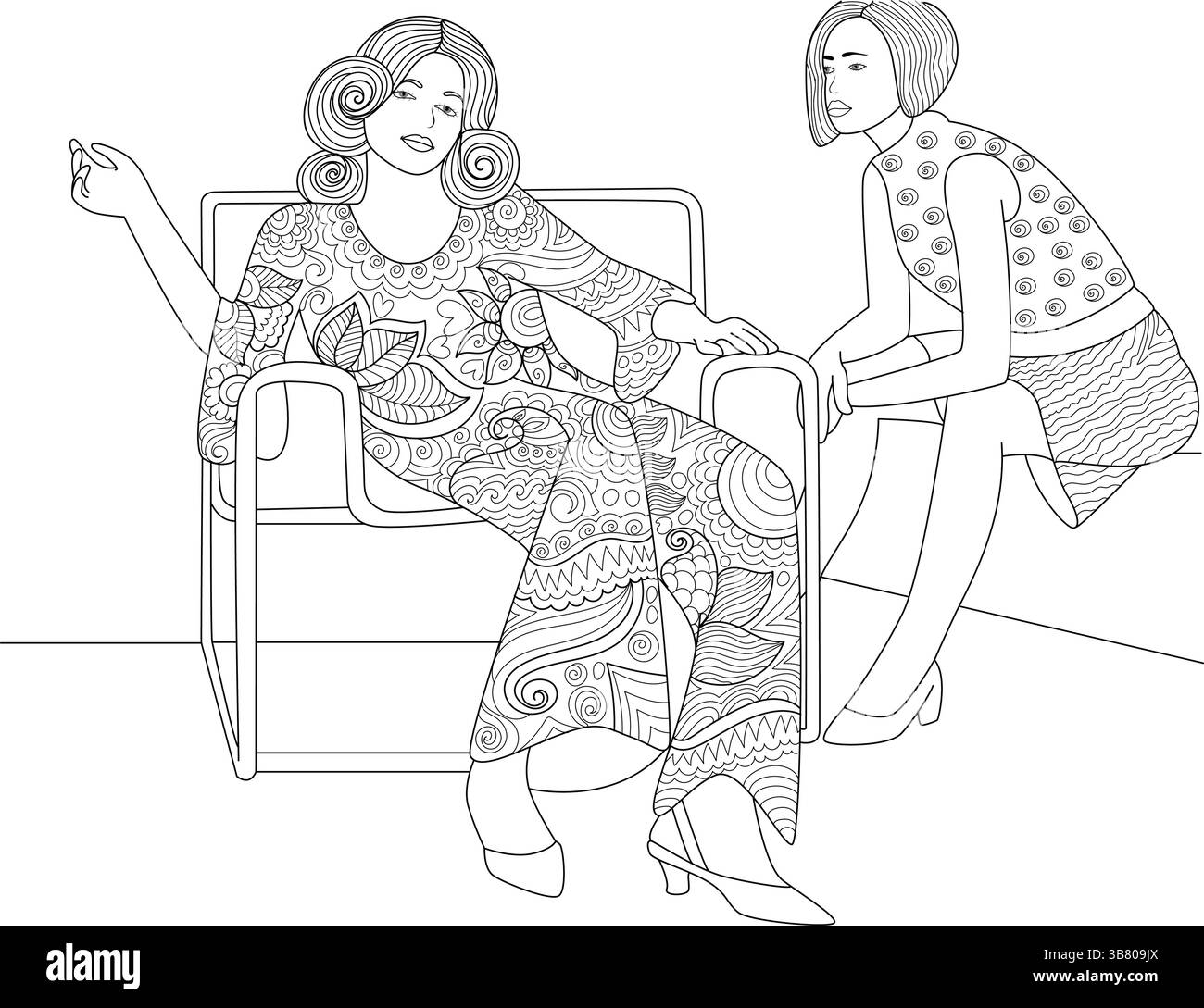 Illustrazione in bianco e nero raffigurante due donne in stile anni '1970. Una donna è seduta su una sedia e indossa un vestito a motivi geometrici, l'altra Illustrazione Vettoriale