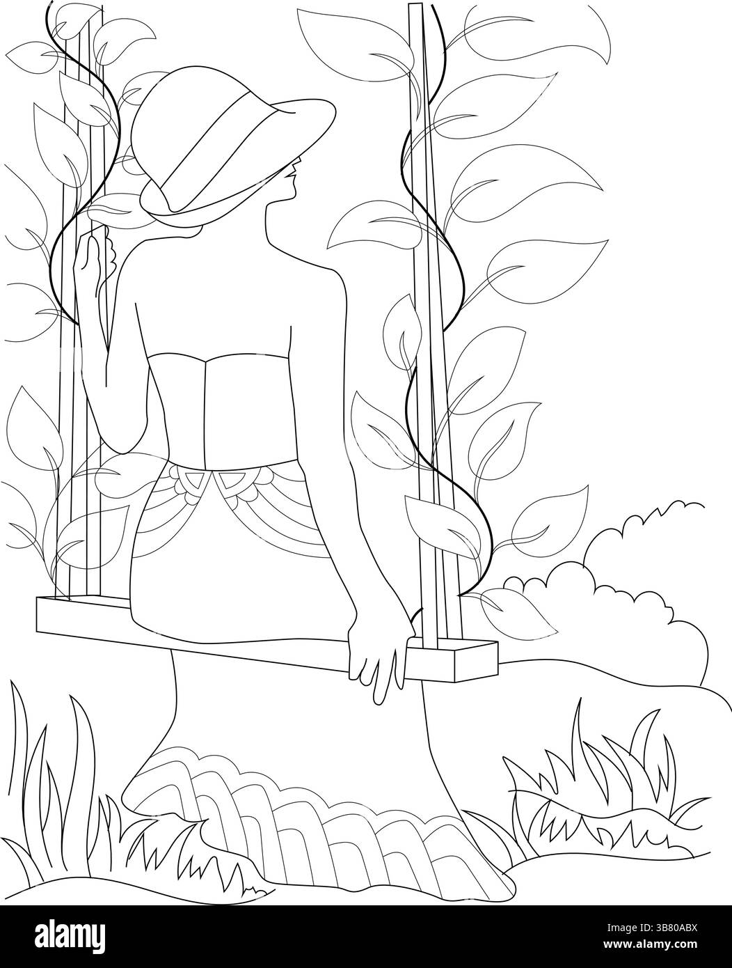 Illustrazione in linea monocromatica di una donna con un abito e un cappello in stile vintage, seduta su un altalena in un ambiente all'aperto con foglie e piante. Designa Illustrazione Vettoriale