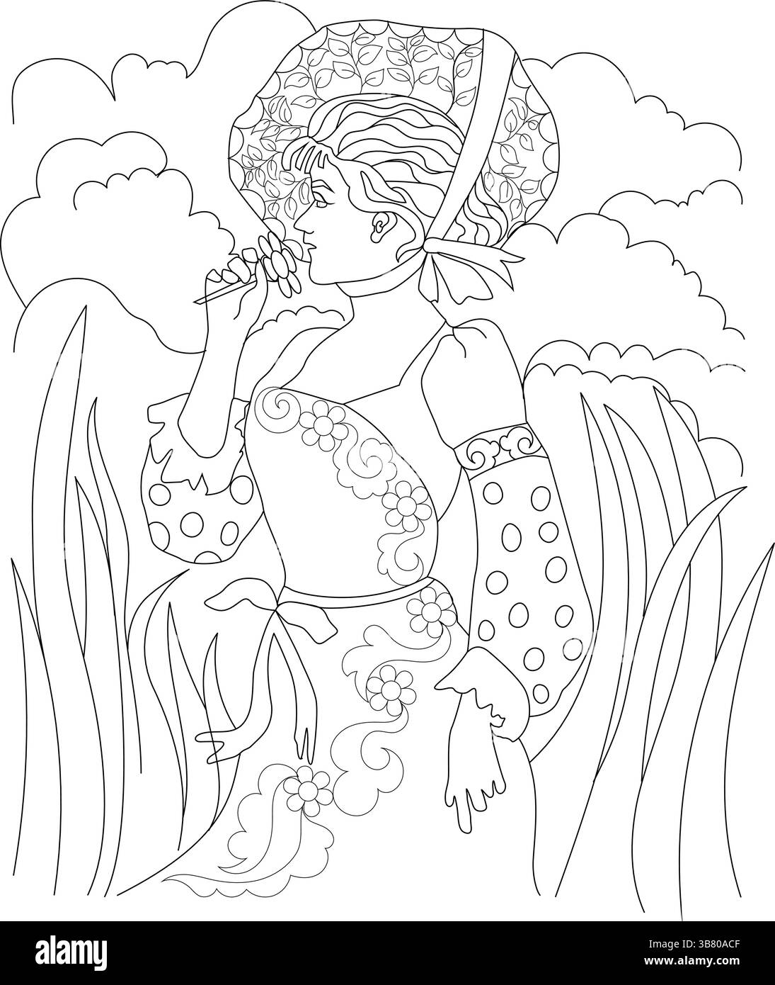 Illustrazione in bianco e nero raffigurante una donna con un abito e un cofano d'ispirazione vintage o storica, che tiene in mano un fiore. Circondato da erba An Illustrazione Vettoriale