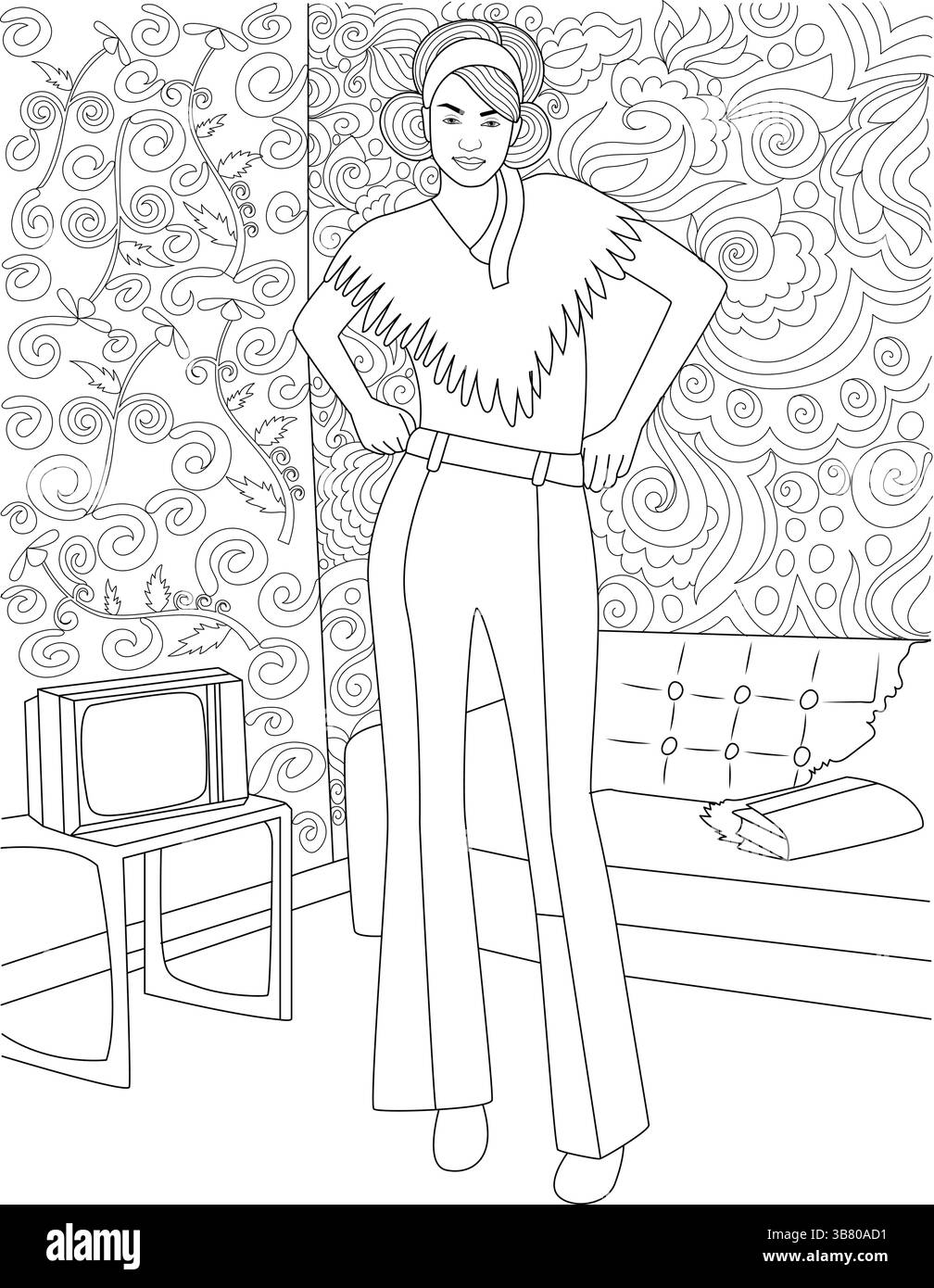 Illustrazione a tutta lunghezza raffigurante una donna alla moda tipica degli anni '1970, con pantaloni a gamba larga, colletto in piuma e fascia. Sta in piedi Illustrazione Vettoriale