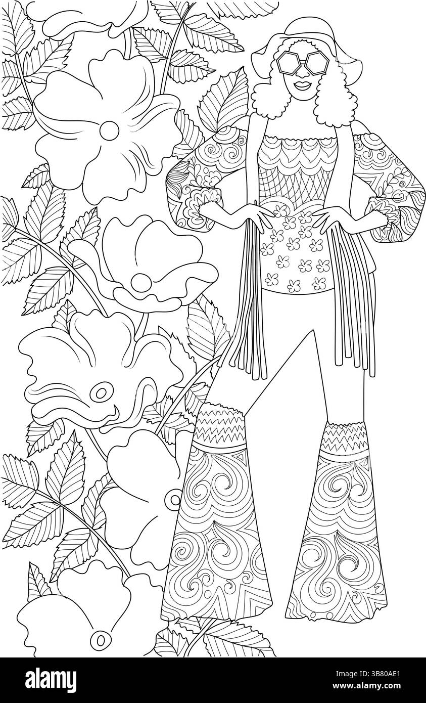 Illustrazione in bianco e nero di una donna che indossa l'iconica moda anni '1970 con pantaloni svasati, cappello floppy e occhiali da sole, sullo sfondo Illustrazione Vettoriale