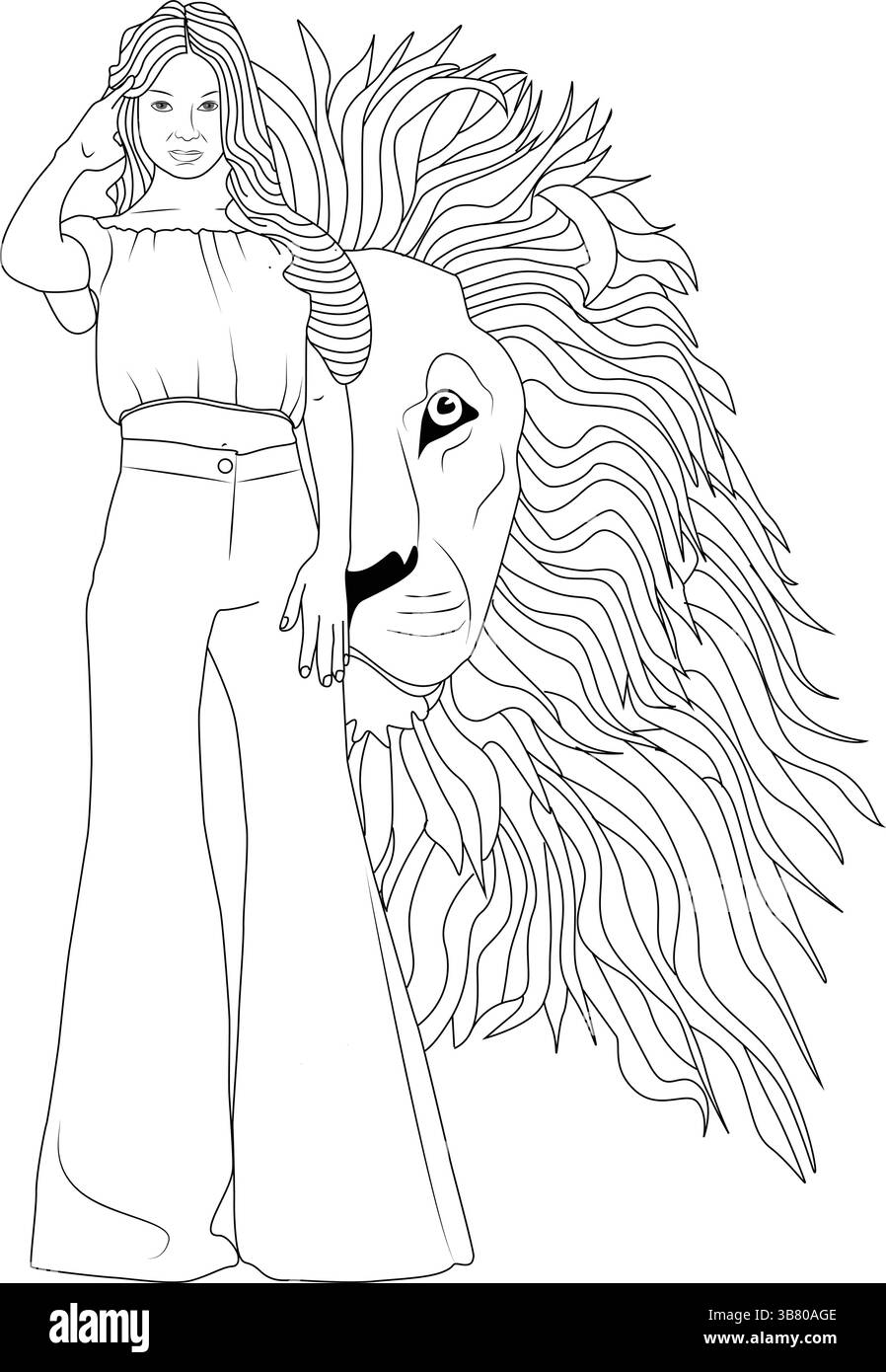Illustrazione in bianco e nero di una donna elegante che indossa pantaloni svasati anni '70 e un top a spalla, accanto a una potente testa di leone Illustrazione Vettoriale