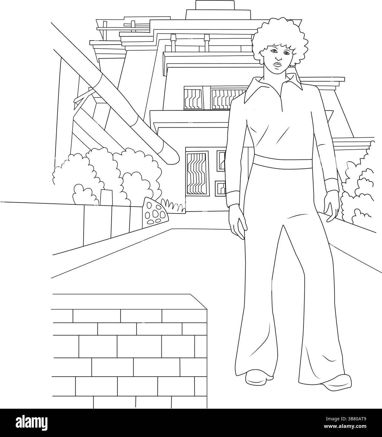 Illustrazione in bianco e nero che raffigura una persona in un'iconica moda anni '1970, con taglio di capelli afro, camicia a collo largo e pantaloni svasati, st Illustrazione Vettoriale