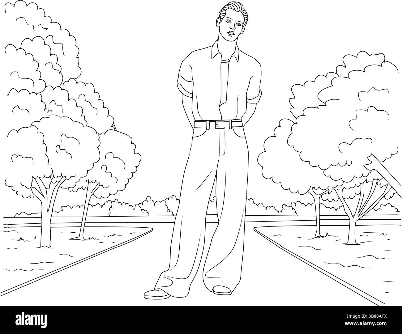 Illustrazione in bianco e nero di un uomo elegante che indossa l'iconica moda anni '1970, con pantaloni a gamba larga e una camicia classica, in piedi in un esterno Illustrazione Vettoriale