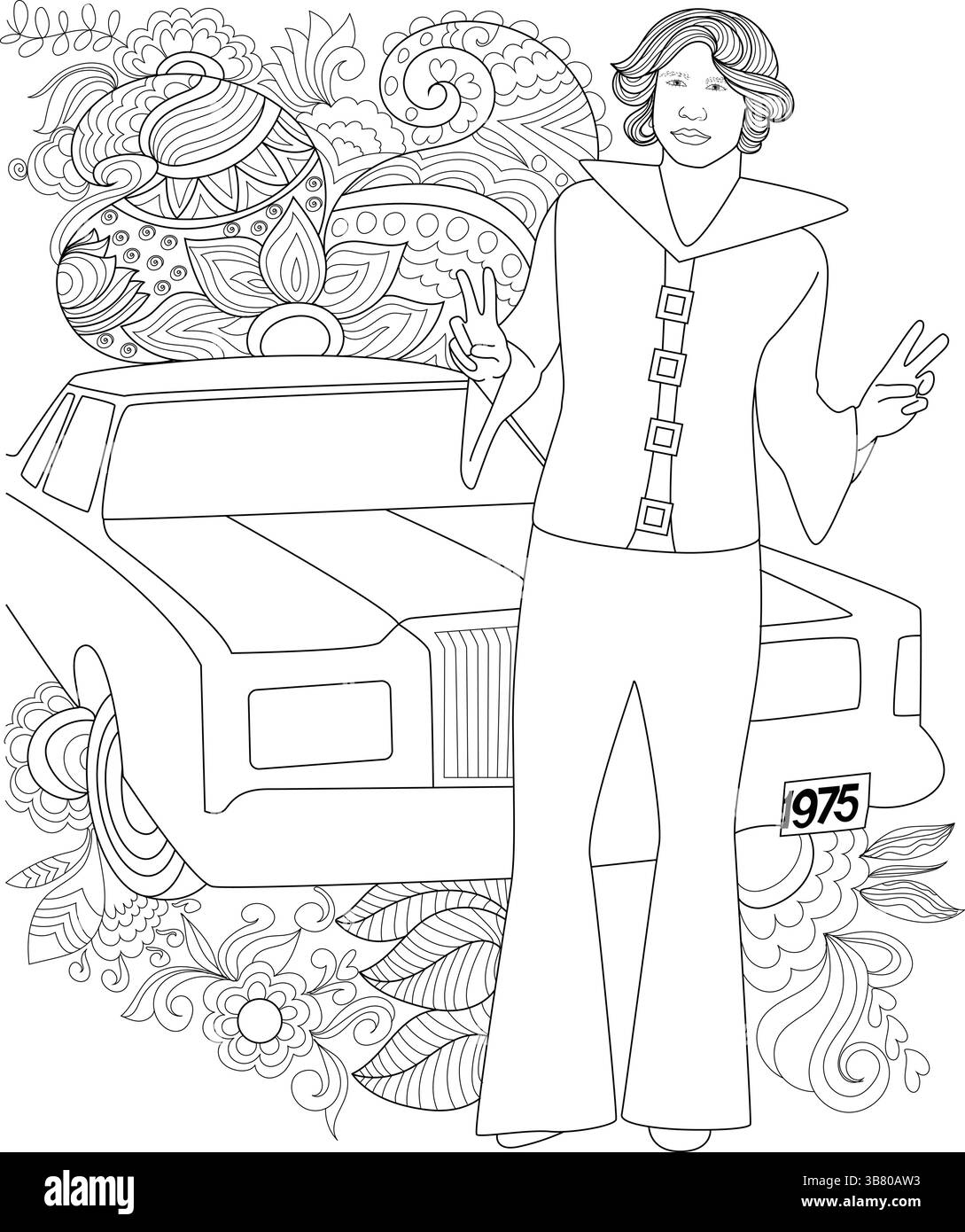 Un disegno in bianco e nero di una persona in iconica moda anni '1970, con pantaloni con fondo a campana e una camicia con collo largo, accanto a una CA d'epoca Illustrazione Vettoriale